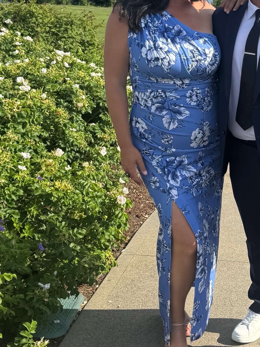 Vince Camuto Blue Floral One-Shoulder Evening Gown